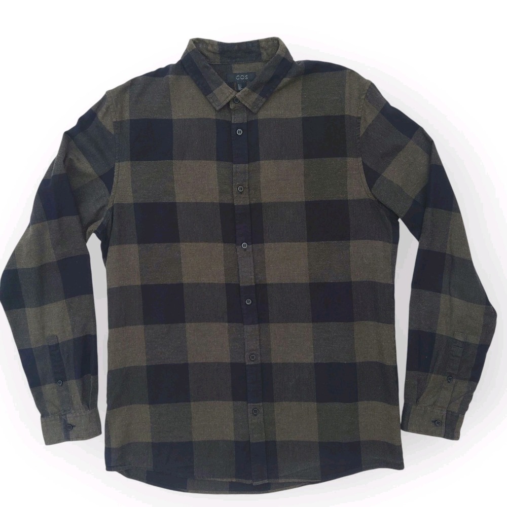 COS Flannel Minimalist Shirt Men's Size S Olive Buffalo Plaid 100% Cotton